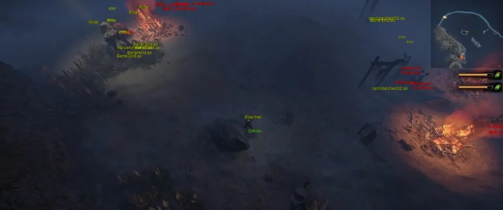 ESP text labels revealing enemies and loot through fog in Path of Exile